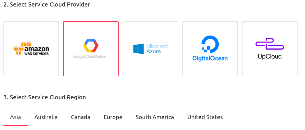 Web UI for choosing your cloud and region